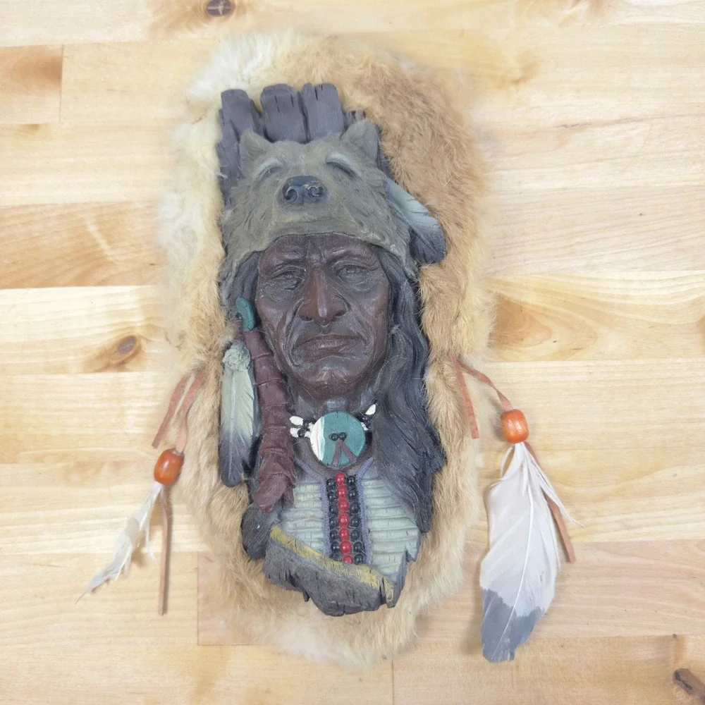 Native American Elder Wolf Headdress Wall Plaque Faux Fur Feather Decor 12in